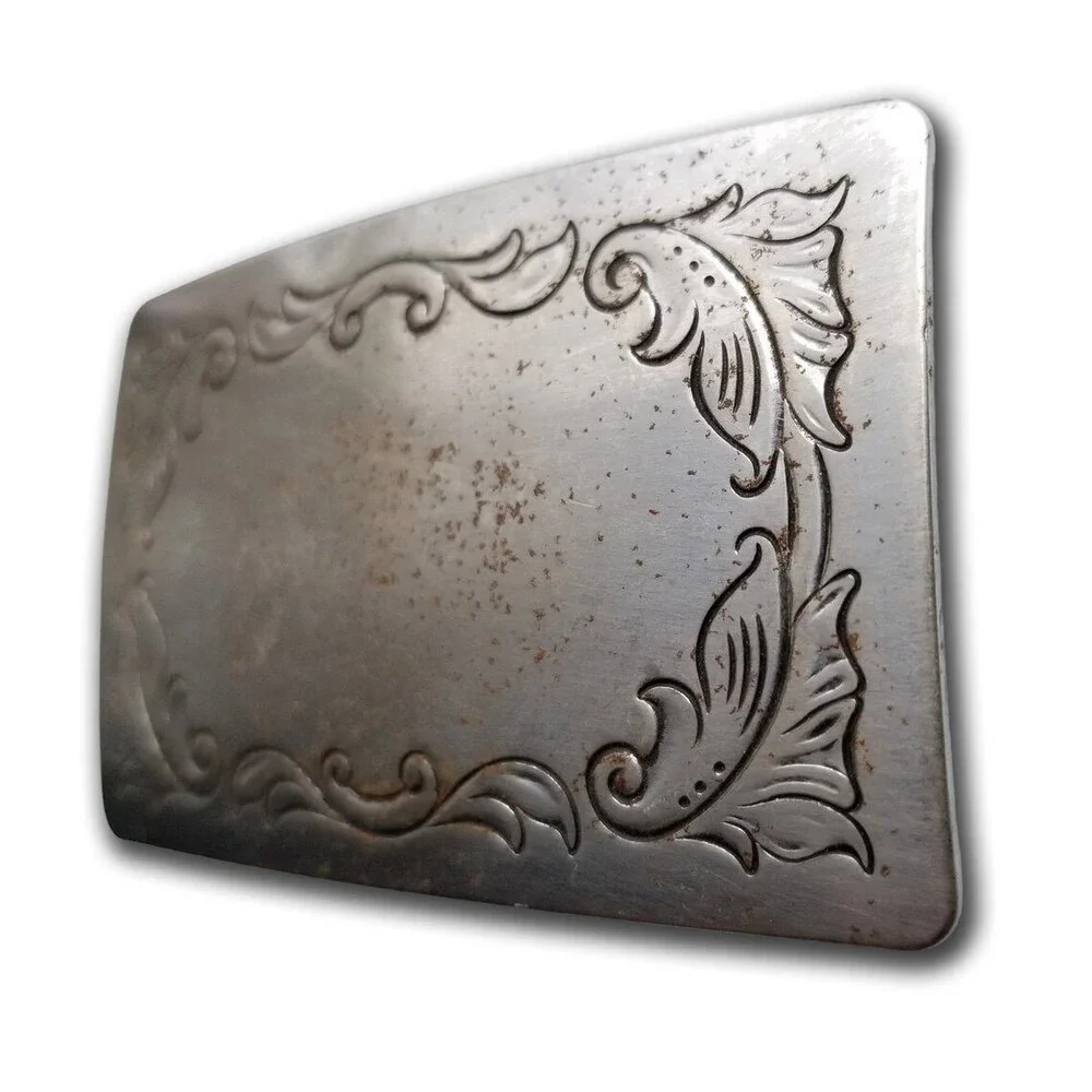 Belt Buckle Silver‎ Color Engraved Stamped Filigree Leaves Western Square USA